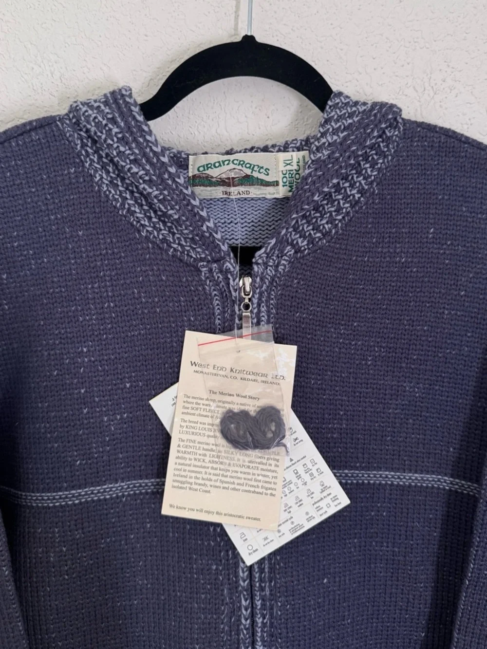 Aran Crafts 100% Merino Wool Full Zip Shamrock Clover Hooded Sweater Blue XL NEW